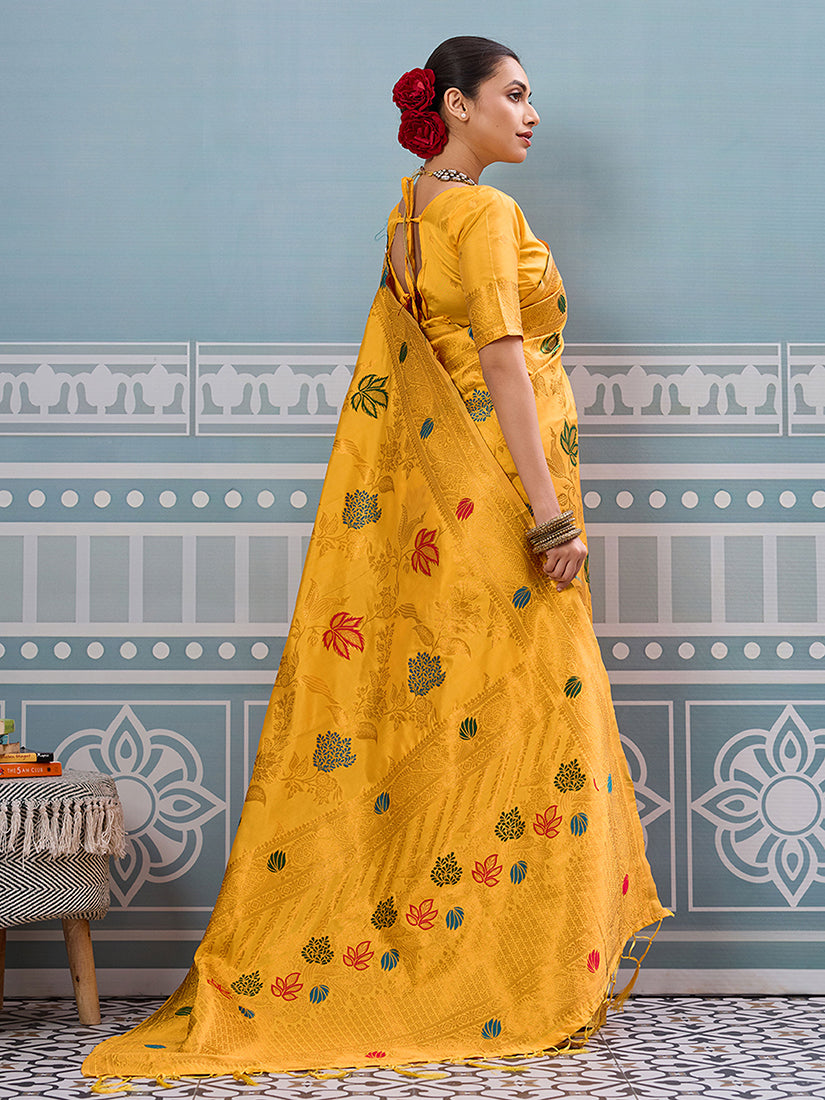 Monjolika Fashion Mustard Banarasi Silk Blend Saree with Gold Zari Floral Weaving