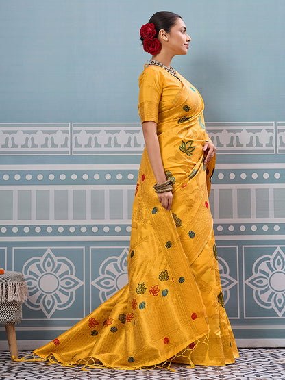 Monjolika Fashion Mustard Banarasi Silk Blend Saree with Gold Zari Floral Weaving