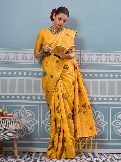 Monjolika Fashion Mustard Banarasi Silk Blend Saree with Gold Zari Floral Weaving