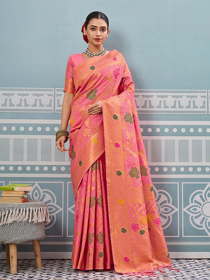 Monjolika Fashion Pink Banarasi Silk Blend Saree with Gold Zari Floral Weaving