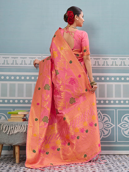 Monjolika Fashion Pink Banarasi Silk Blend Saree with Gold Zari Floral Weaving
