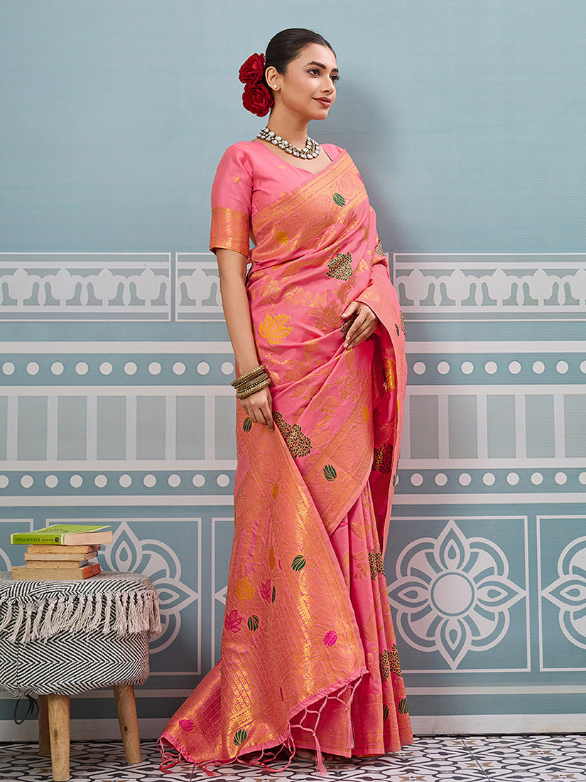 Monjolika Fashion Pink Banarasi Silk Blend Saree with Gold Zari Floral Weaving