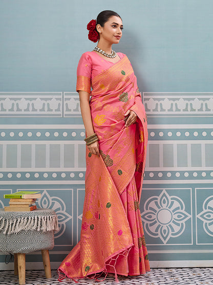 Monjolika Fashion Pink Banarasi Silk Blend Saree with Gold Zari Floral Weaving