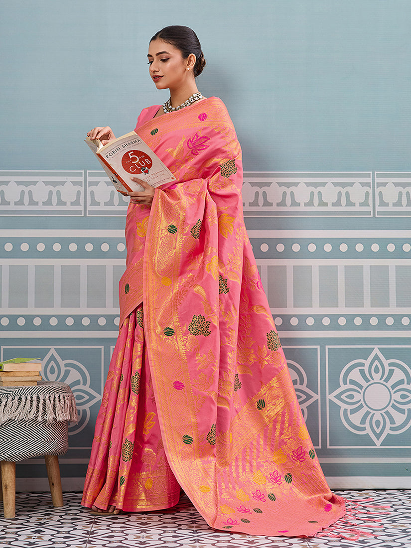 Monjolika Fashion Pink Banarasi Silk Blend Saree with Gold Zari Floral Weaving