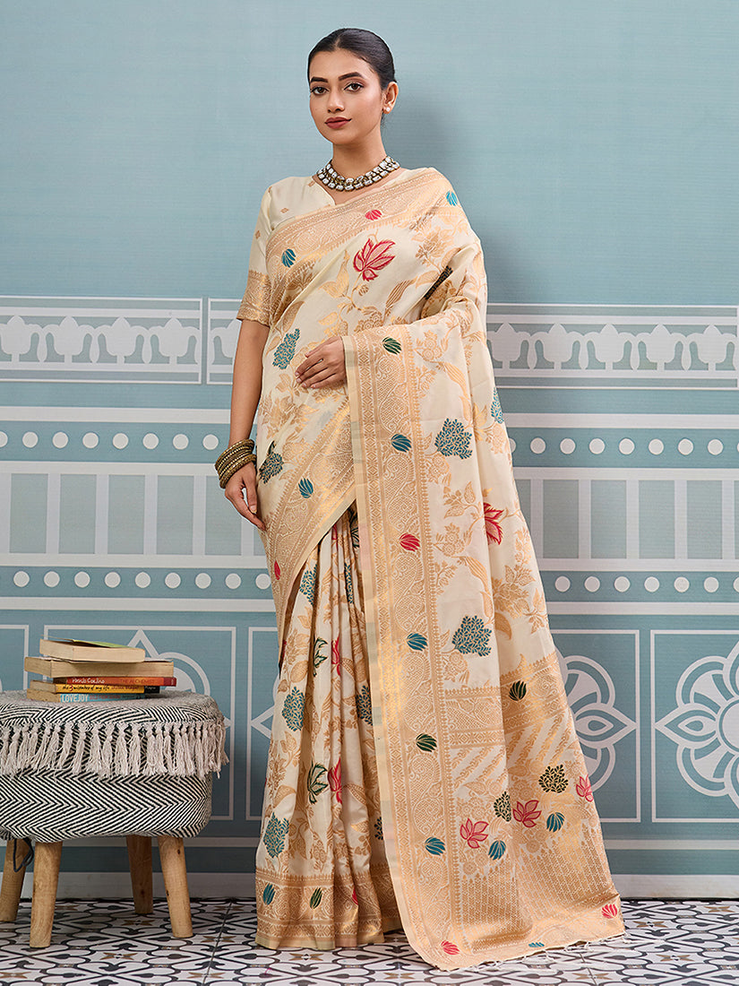 Monjolika Fashion Off White Banarasi Silk Blend Saree with Gold Zari Floral Weaving
