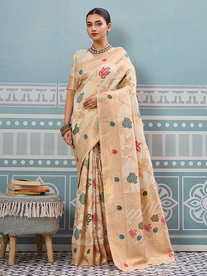 Monjolika Fashion Off White Banarasi Silk Blend Saree with Gold Zari Floral Weaving