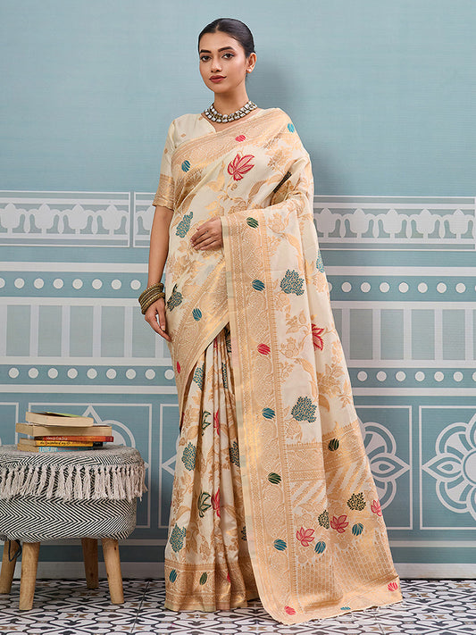 Monjolika Fashion Off White Banarasi Silk Blend Saree with Gold Zari Floral Weaving