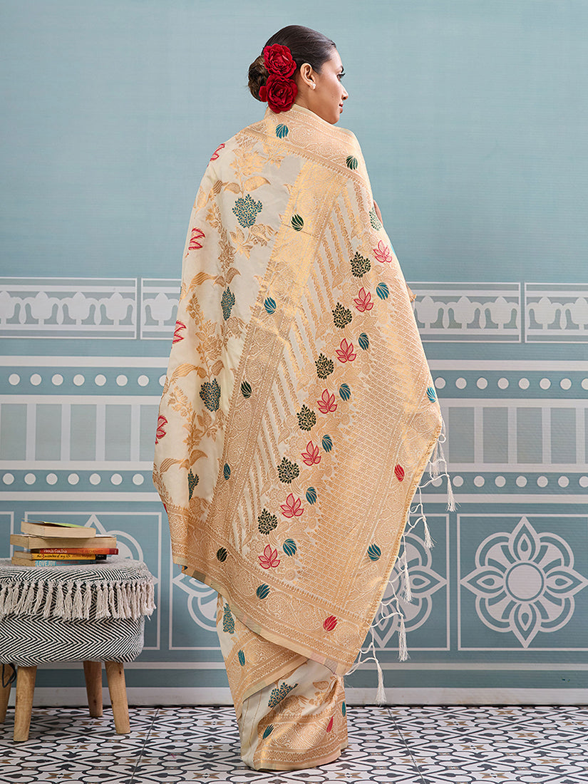 Monjolika Fashion Off White Banarasi Silk Blend Saree with Gold Zari Floral Weaving