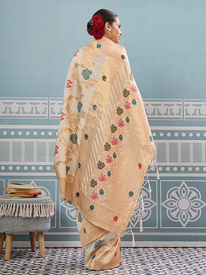 Monjolika Fashion Off White Banarasi Silk Blend Saree with Gold Zari Floral Weaving