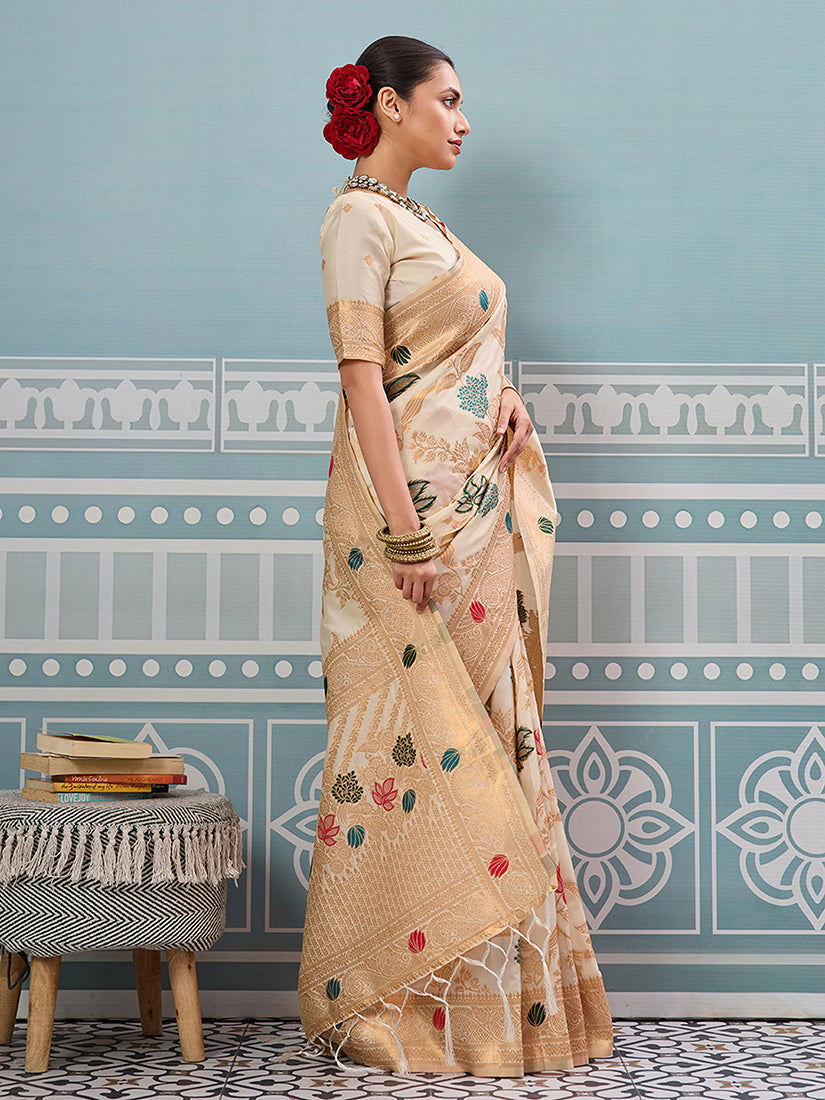 Monjolika Fashion Off White Banarasi Silk Blend Saree with Gold Zari Floral Weaving