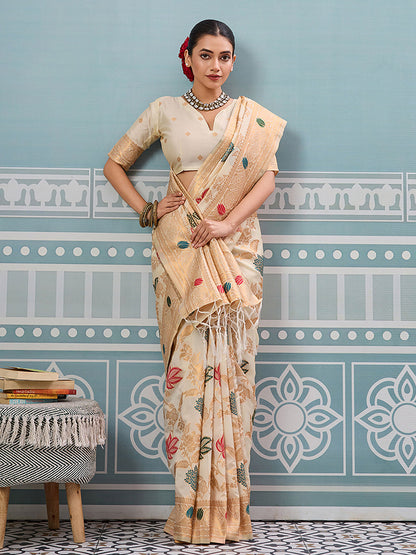 Monjolika Fashion Off White Banarasi Silk Blend Saree with Gold Zari Floral Weaving