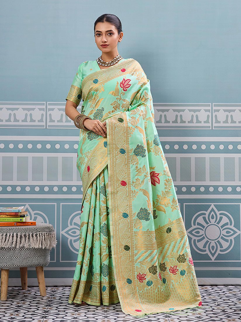 Monjolika Fashion Mint Green Banarasi Silk Blend Saree with Gold Zari Floral Weaving