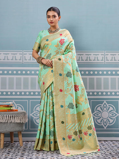 Monjolika Fashion Mint Green Banarasi Silk Blend Saree with Gold Zari Floral Weaving