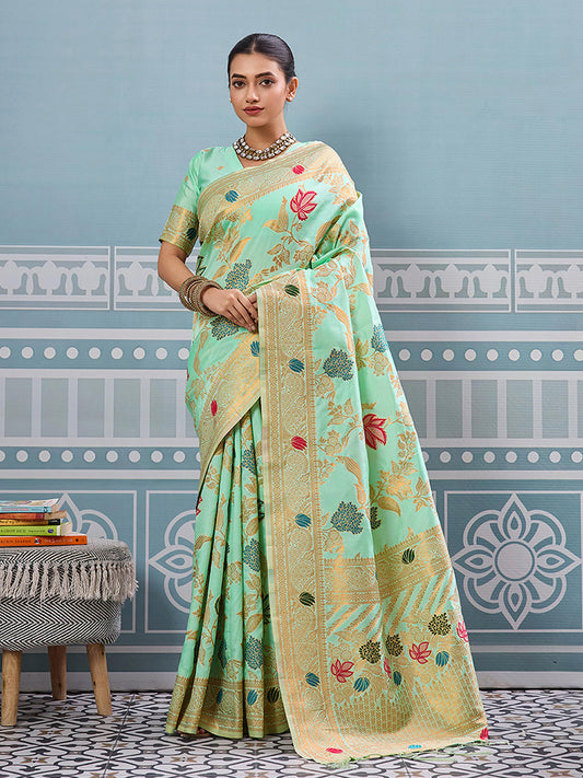 Monjolika Fashion Mint Green Banarasi Silk Blend Saree with Gold Zari Floral Weaving