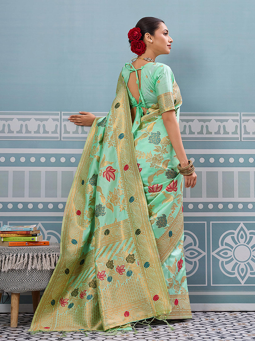 Monjolika Fashion Mint Green Banarasi Silk Blend Saree with Gold Zari Floral Weaving