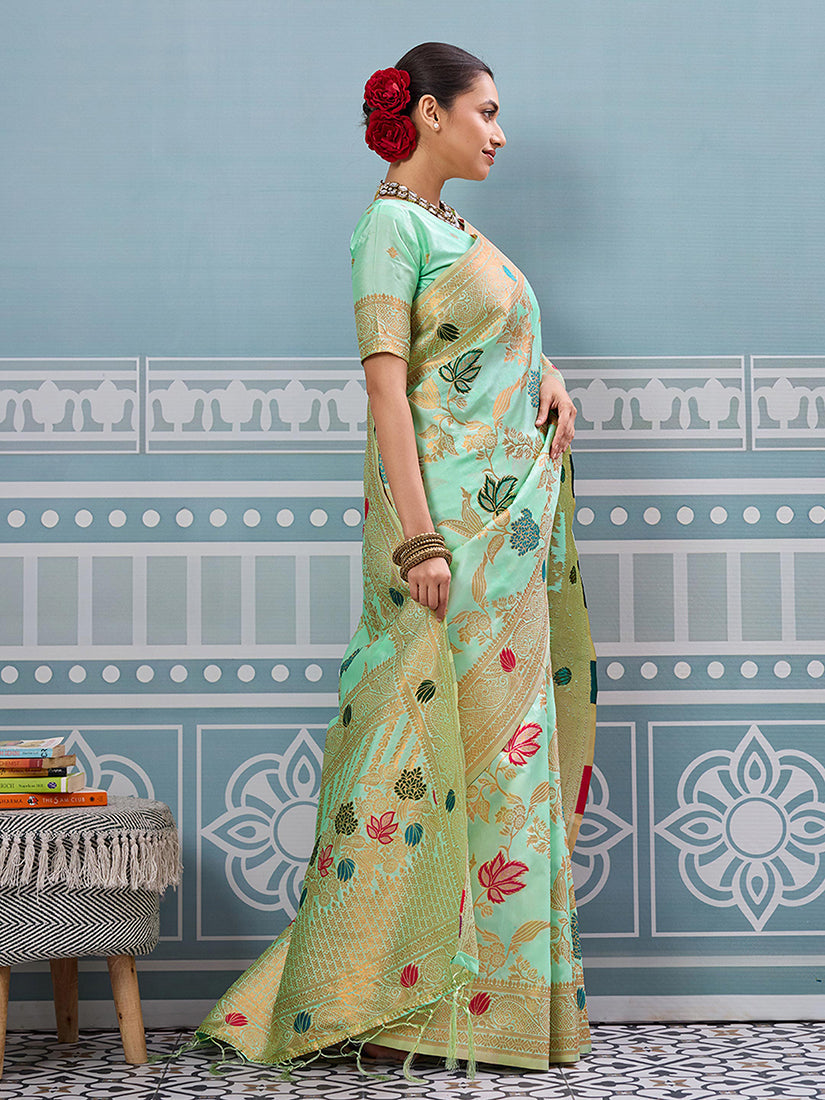 Monjolika Fashion Mint Green Banarasi Silk Blend Saree with Gold Zari Floral Weaving