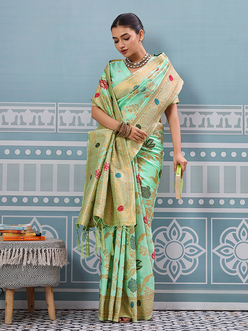 Monjolika Fashion Mint Green Banarasi Silk Blend Saree with Gold Zari Floral Weaving