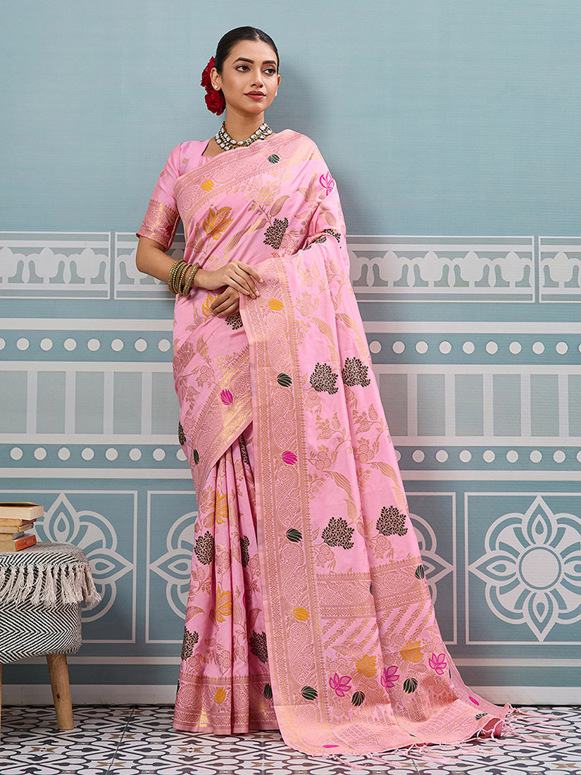 Monjolika Fashion Baby Pink Banarasi Silk Blend Saree with Gold Zari Floral Weaving