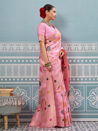 Monjolika Fashion Baby Pink Banarasi Silk Blend Saree with Gold Zari Floral Weaving