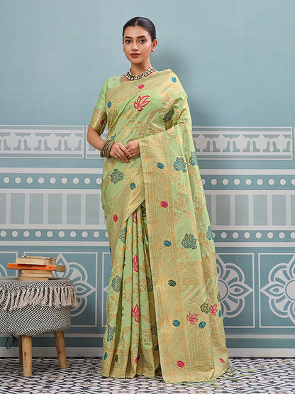 Monjolika Fashion Light Pistachio Green Banarasi Silk Blend Saree with Gold Zari Floral Weaving