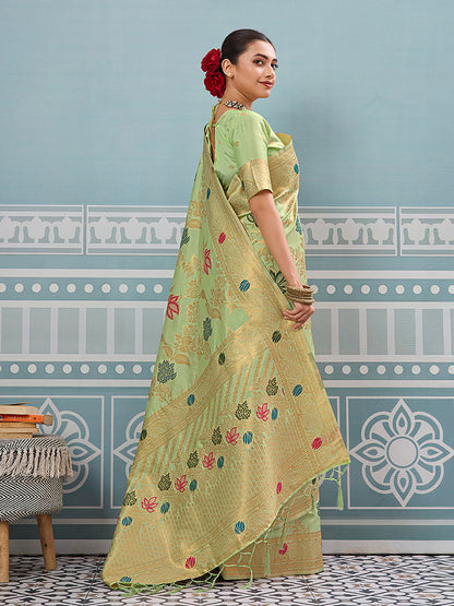 Monjolika Fashion Light Pistachio Green Banarasi Silk Blend Saree with Gold Zari Floral Weaving