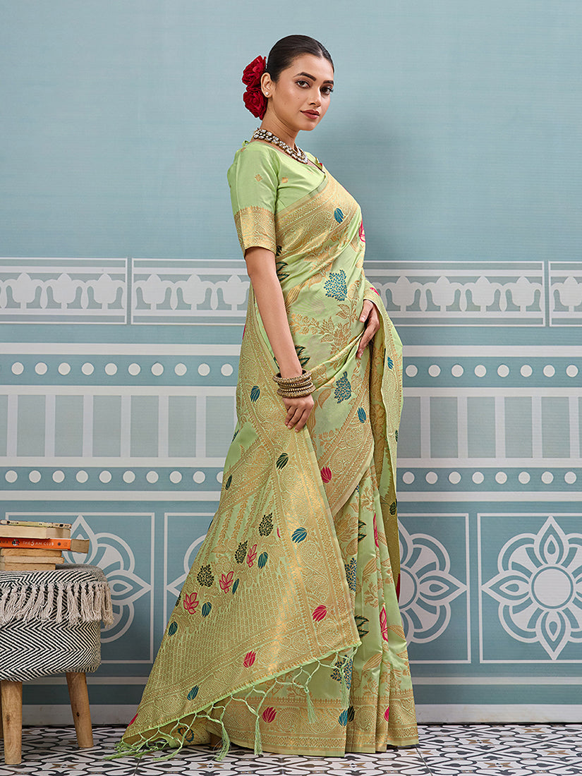 Monjolika Fashion Light Pistachio Green Banarasi Silk Blend Saree with Gold Zari Floral Weaving