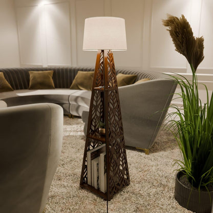 LED Floor Lamp with Shelves - Brown Wood - Modern Design - 3 Shelves - 150 cm