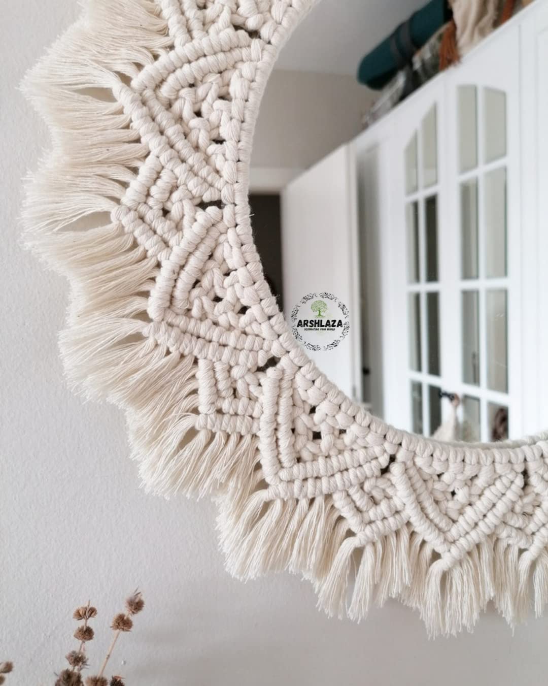 Macrame Round Wall Mirror with Cotton Fringe - 16x16 cm - Off-White Decorative Mirror