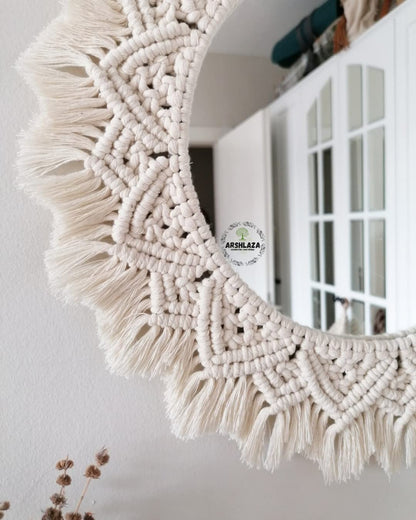 Macrame Round Wall Mirror with Cotton Fringe - 16x16 cm - Off-White Decorative Mirror