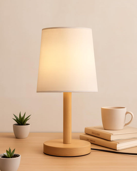 Table Lamp Minimalist Design Pinewood White Fabric Linen Shade 15x15x34 cm