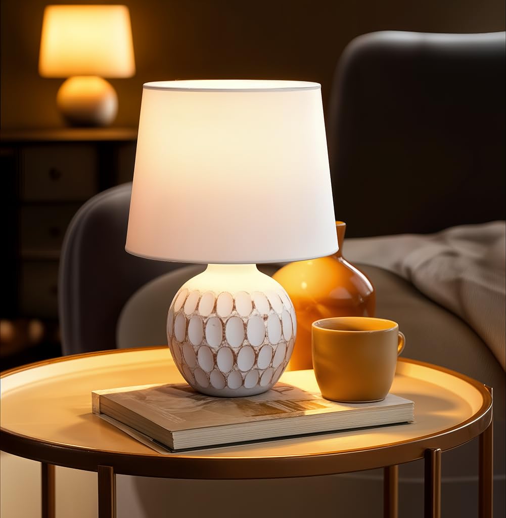 LED Table Lamp with Cotton Fabric Shade and Ceramic Base - White - Modern Design