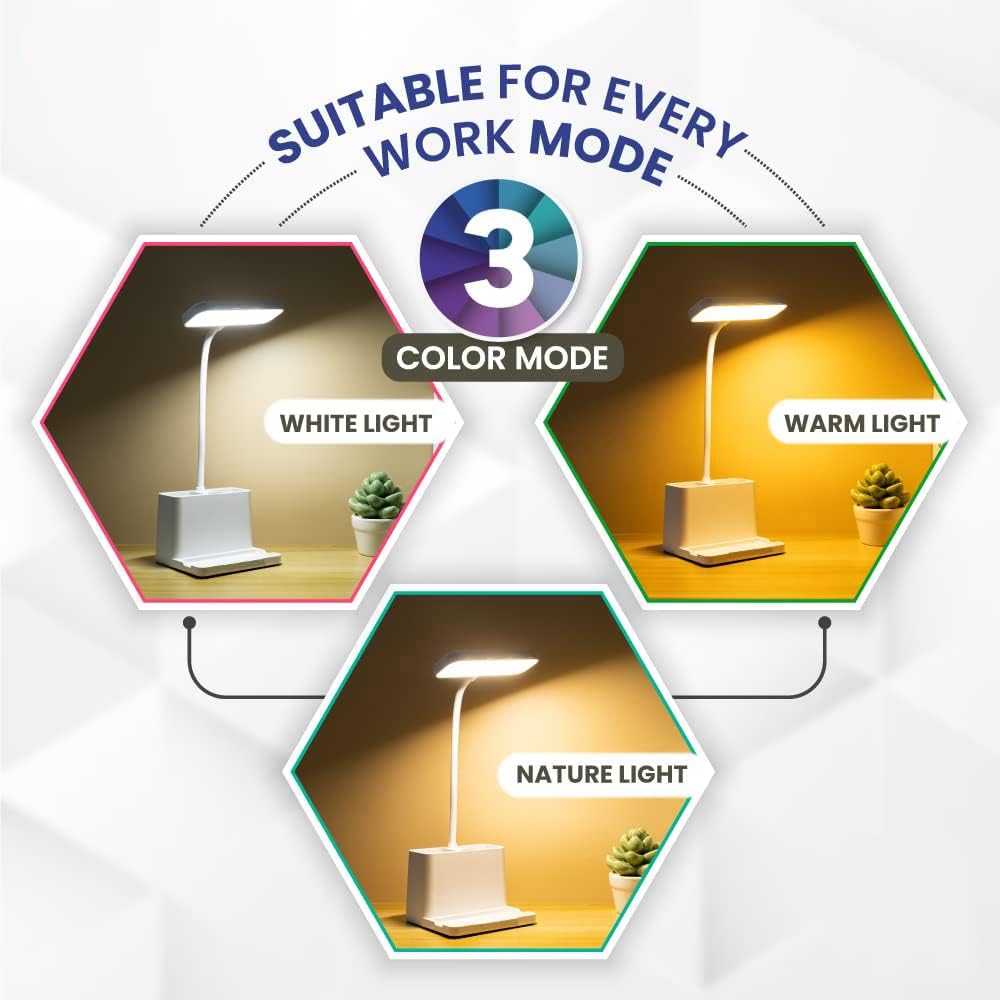 LED Desk Lamp with 3 Color Modes, USB Rechargeable, Flexible Gooseneck, Plastic, Eye Protection