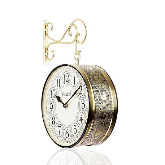 Metal Analog Double Sided English Number Vintage Station Wall Clock for Living Room Home (Shiny Gold : 12 Inches)