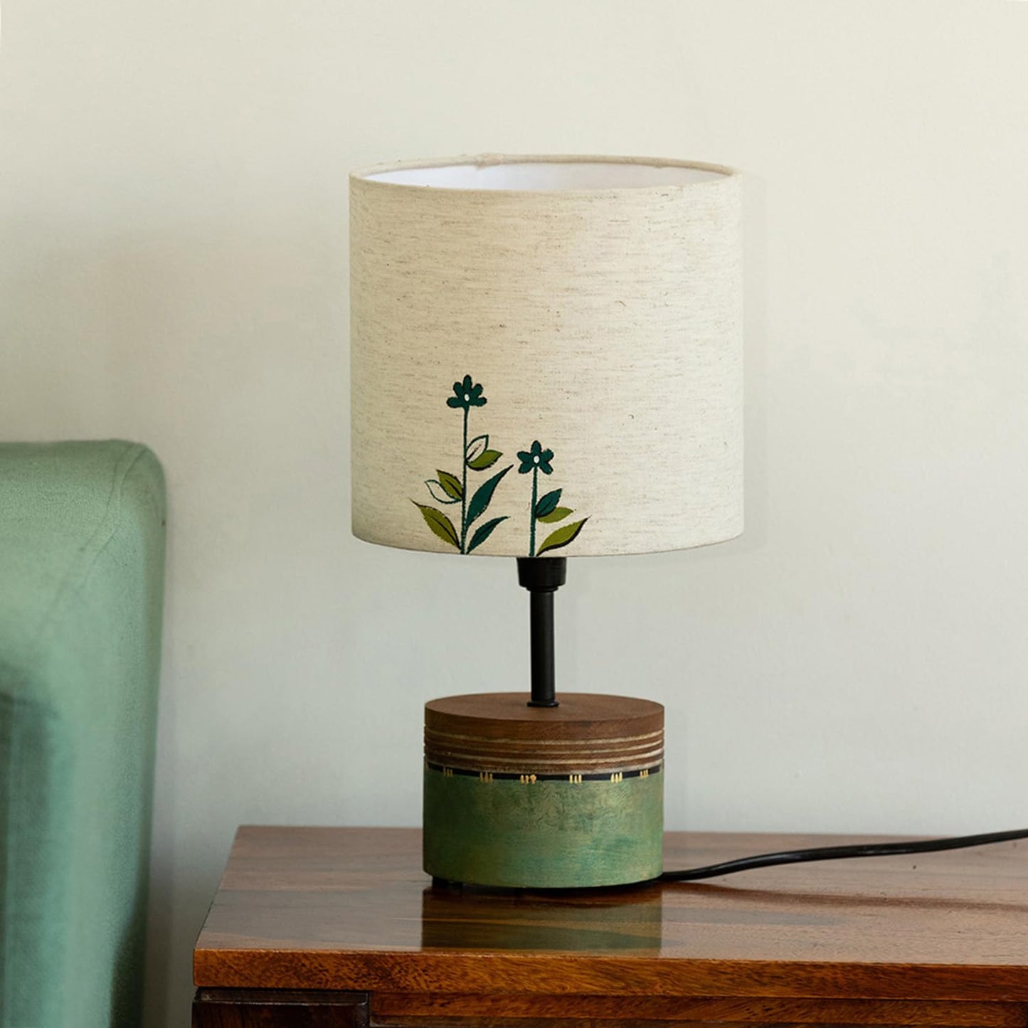 LED Table Lamp with Hand-Painted Floral Design, Mango Wood Base, Off-White Shade, 12 Inches