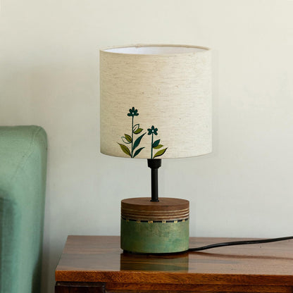 LED Table Lamp with Hand-Painted Floral Design, Mango Wood Base, Off-White Shade, 12 Inches