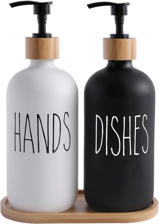 Soap Dispenser Set with Bamboo Tray - Glass, 17 Ounces - Hand Wash & Dish Wash Dispenser