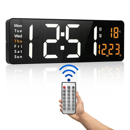 Digital Wall Clock with 16.2 Inch LED Display, Remote Control, Temperature Display, Black Plastic
