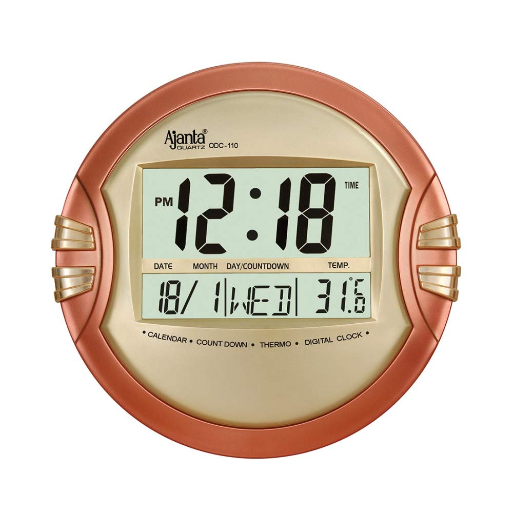 Digital Round Wall Clock - Golden Plastic, 26.5 cm, Quartz Movement
