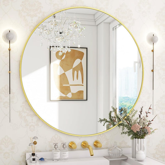 Round Wall Mirror with Gold Frame - 16 Inch - Elegant Design for Living Room, Bathroom, Hall