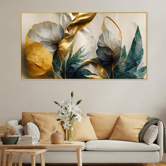 Canvas Floral Painting Abstract Elegant Golden Flower 24x48 Inches for Living Room Bedroom Wall Decoration