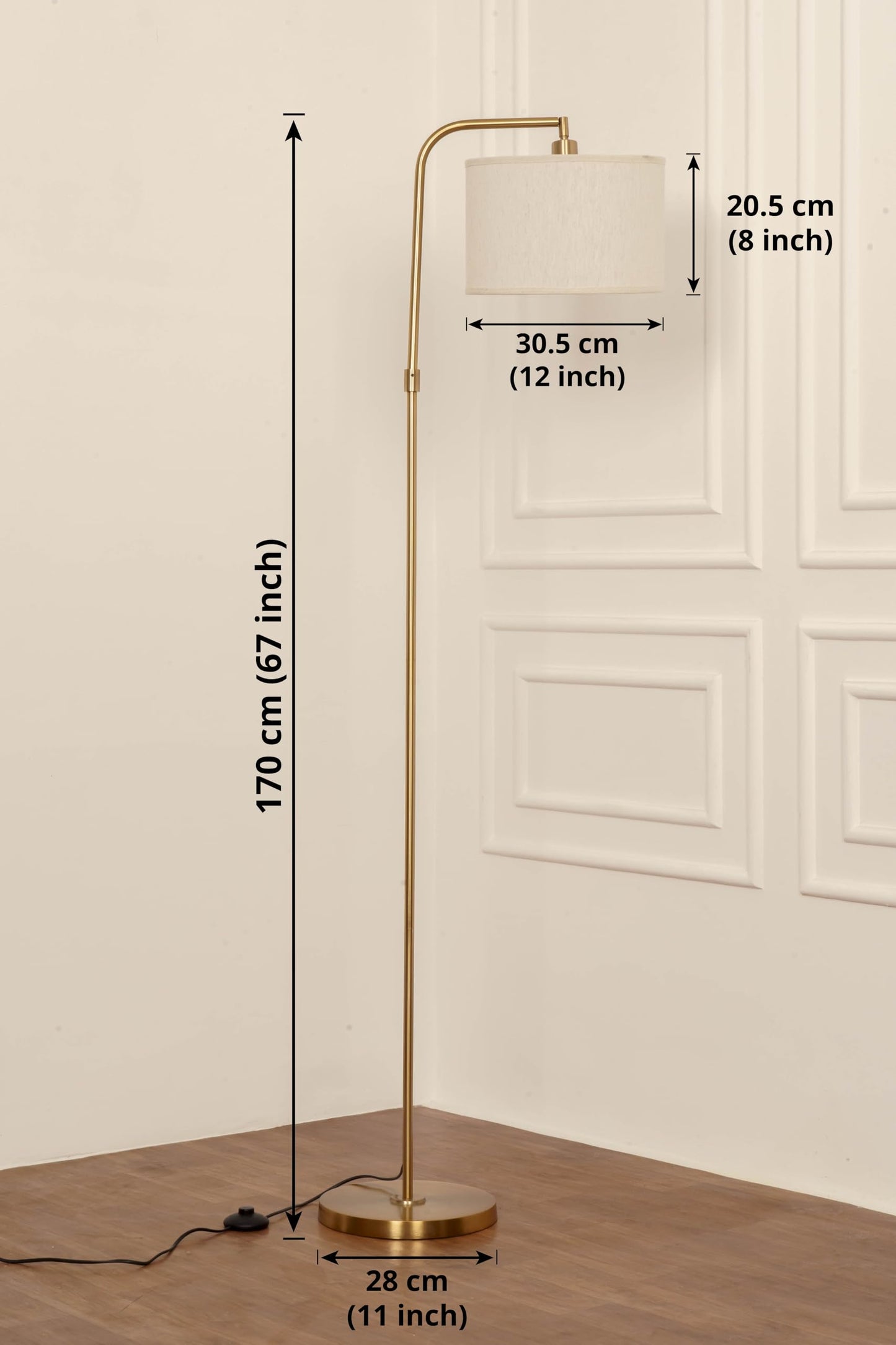 Modern Arc Floor Lamp with Adjustable Shade Brass Antique 6Ft Height 12 Inch Off White Drum Lampshade