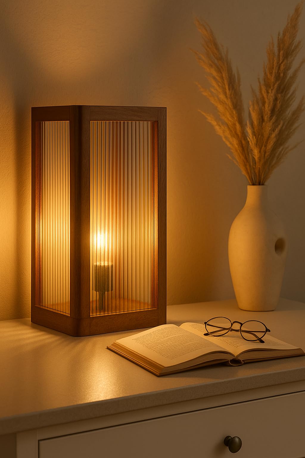 Rectangular Table Lamp - Rustic Sheesham Wood - 30cm Height