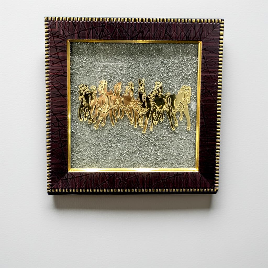 Wall Painting Seven Running Horses Artwork Gold-Plated Pyrite Dust Frame 30x30 cm