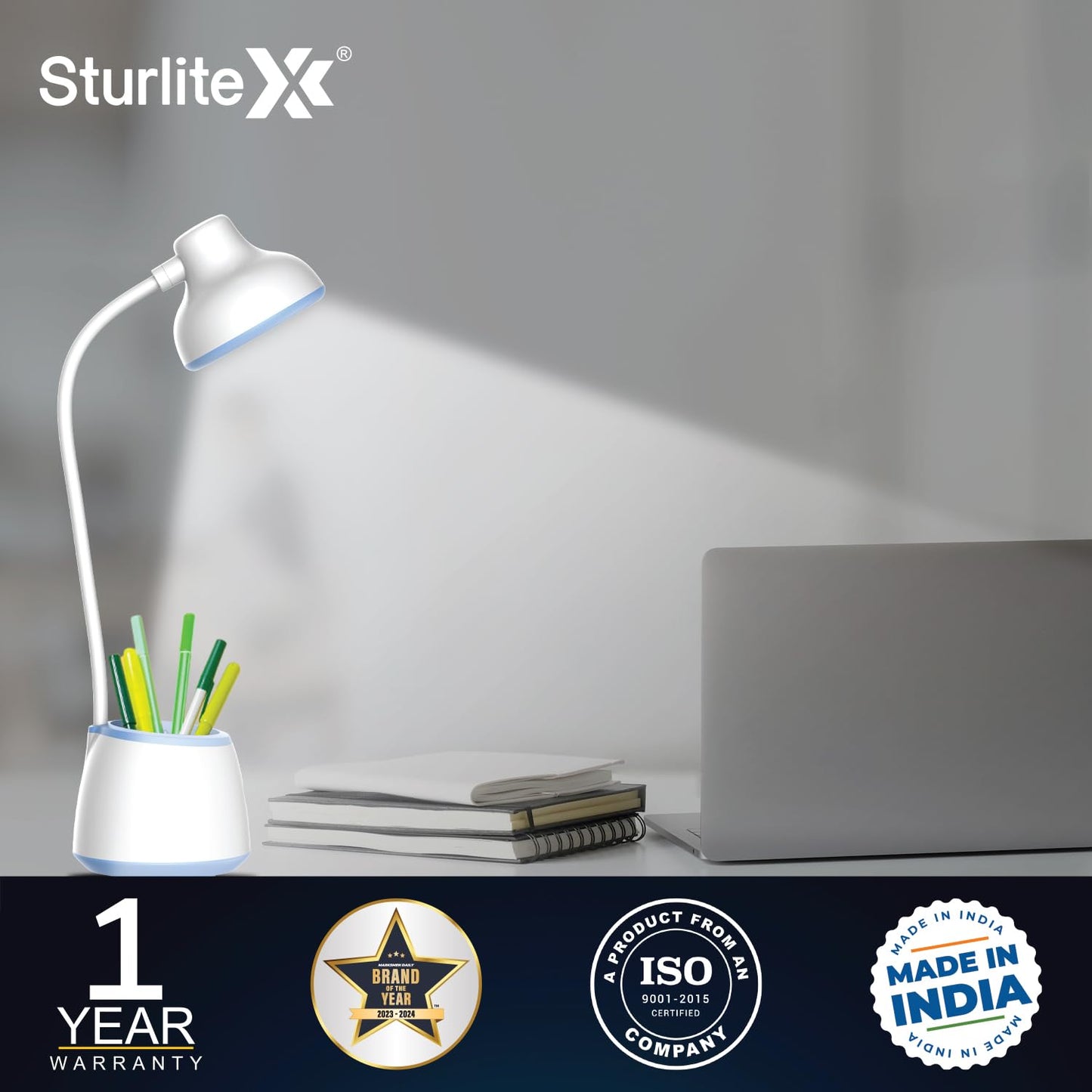 LED Table Lamp Dimmable 6W Rechargeable with Adjustable Neck and Pen Holder