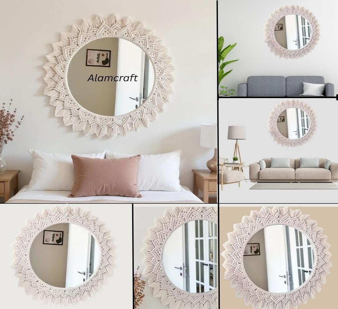 Round Macrame Wall Mirror with Off-White Cotton, 45 cm Diameter, Handmade for Bedroom and Living Room Decor