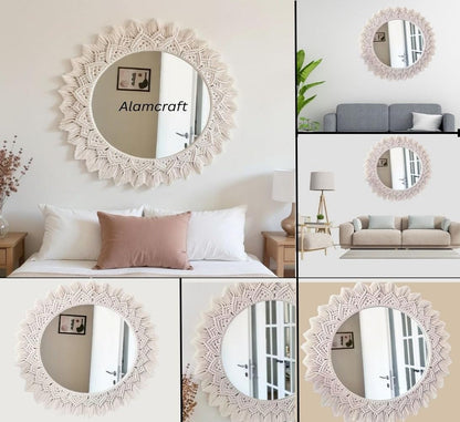 Round Macrame Wall Mirror with Off-White Cotton, 45 cm Diameter, Handmade for Bedroom and Living Room Decor