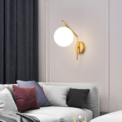 Modern Wall Sconce Light with Gold Metal Frame and White Glass Globe Shade - 15 cm Diameter