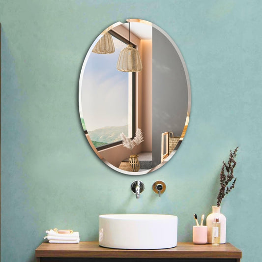Frameless Oval Mirror - Beveled Glass - 12 x 18 Inch - Transparent - Ideal for Bathroom, Bedroom, Living Room