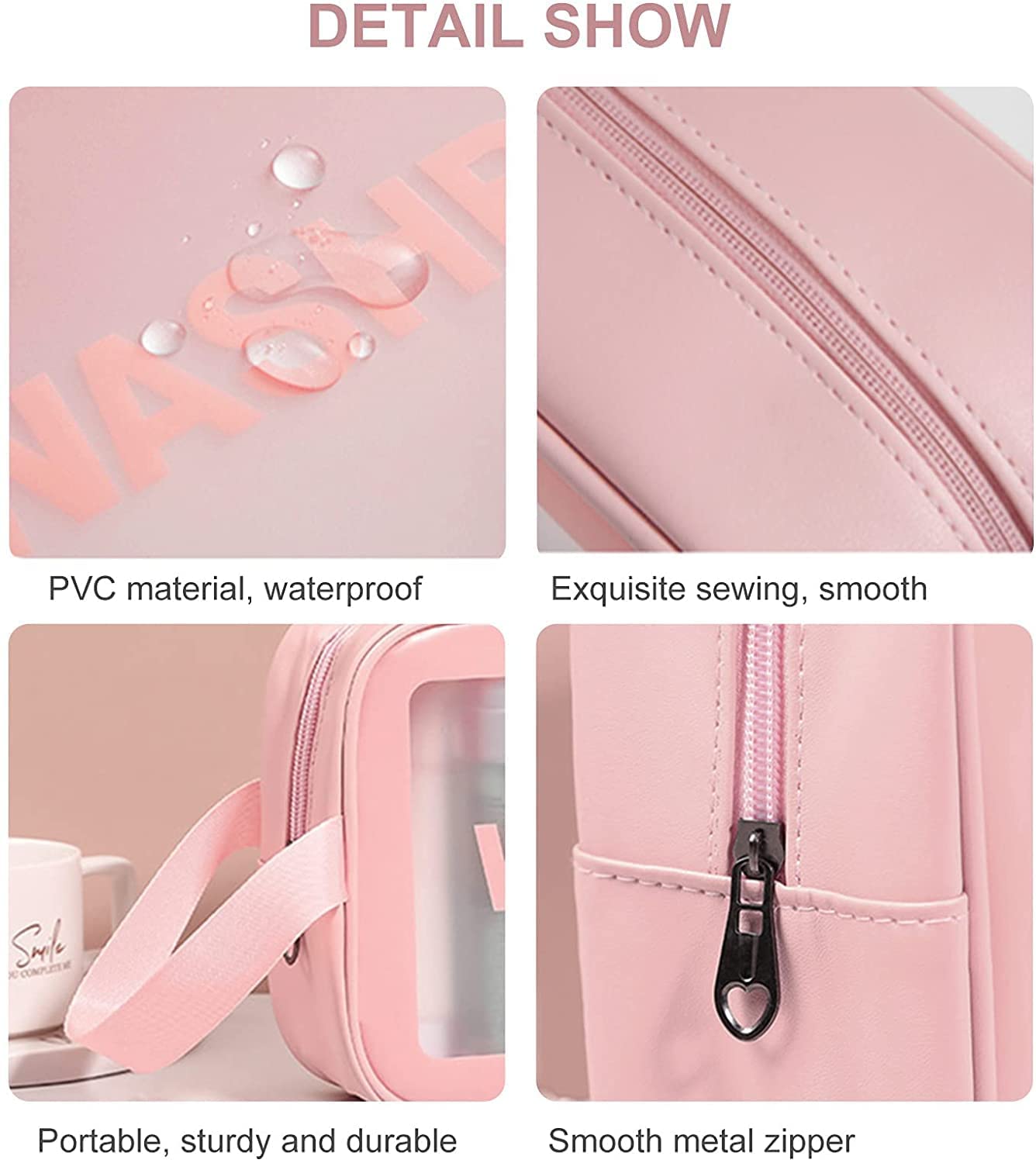 Clear Makeup Pouch Set, 3 Light Pink Travel Toiletry Bags