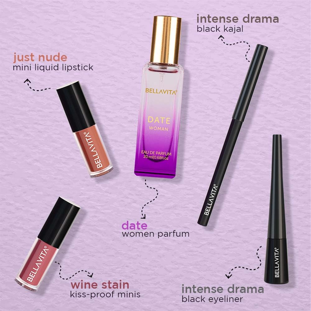 Date Night Makeup Kit: Perfume, Lipsticks, Kajal & Eyeliner